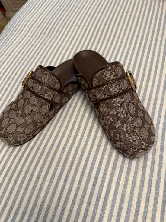 Coach Shoes - Coach Women Brown Signature Logo Slip-On Mules with Gold Buckle